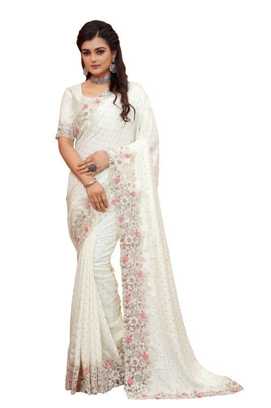 Version 1.0.0 Cream Heavy Sequence Coding Embroidered Border Work Satin Silk Saree Sari For Women and Girls with Attach Blouse Piece - Image 1