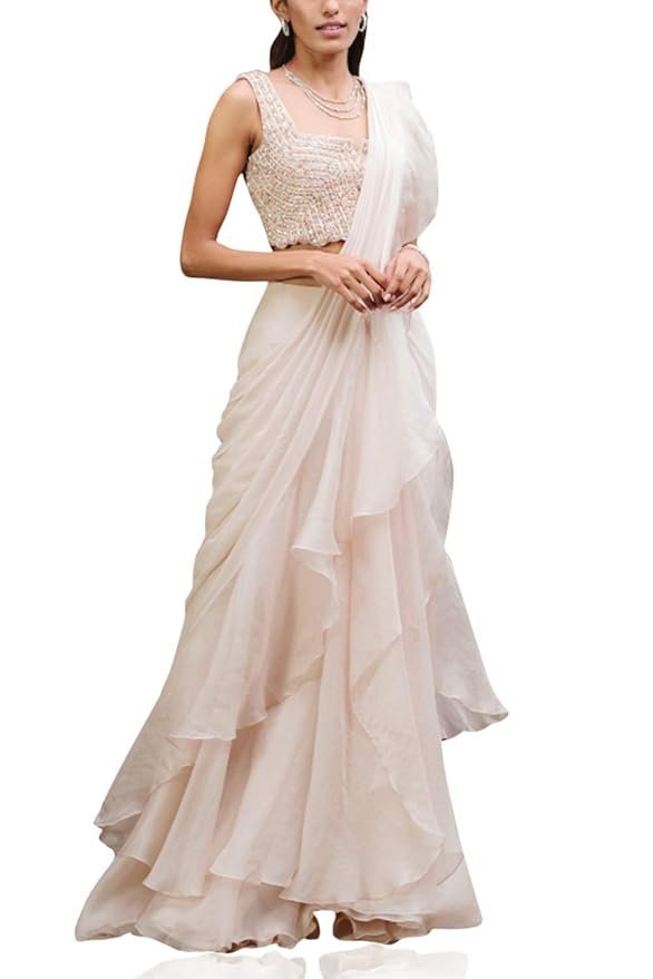 Saree Trends Women's Faux Georgette ready to wear Frill saree with unstitched blouse