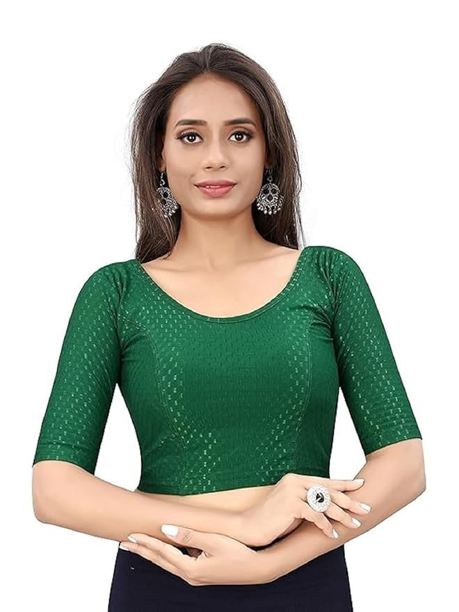 61-8Q4yzMhL._SY879_ Round Neck Dobby Cotton Lycra Stretchable Elbow Half Sleeve Readymade Saree Blouse for Women Stylish - Image 1