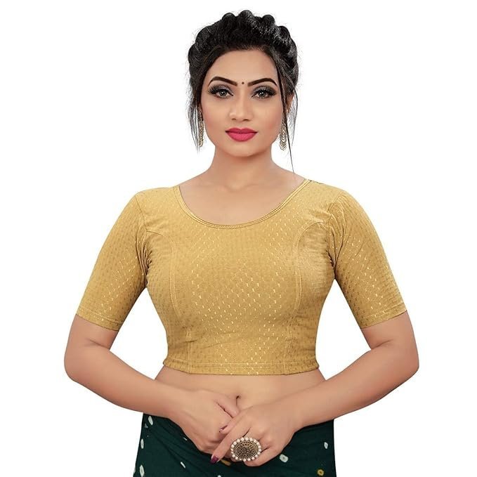 Round Neck Dobby Cotton Lycra Stretchable Elbow Sleeve Readymade Saree Blouse for Women Stylish (Free Size)