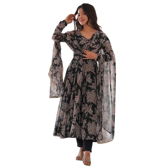 Women's Heavy Pure Soft Georgette Anarkali V-neck Long Sleeve Kurti With Matching Pant and Digital Printed Work Heavy Matching Dupatta Set.
