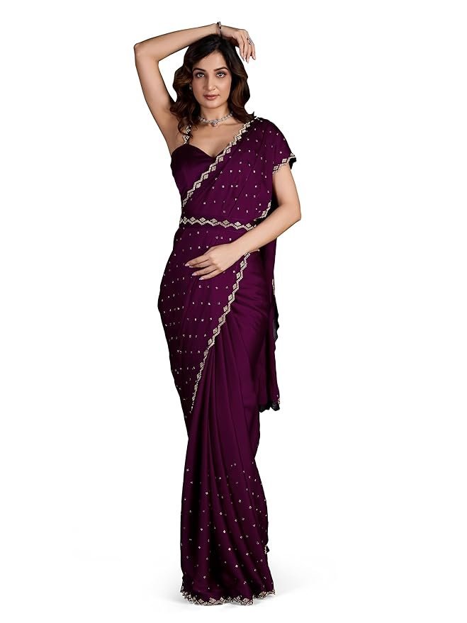 61wMICwqpZL._SY879_ Women's Satin Georgette Siroski Work Saree with Blouse Piece - Image 1