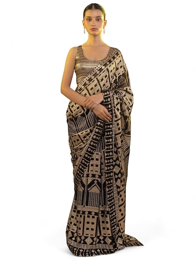 Women's Black Sequins Work Heavy Georgette Saree with Blouse (1024-Black-Sequins-Designer-Saree-Latest, Black)