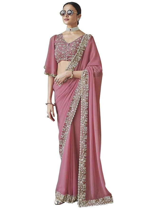 Women's Georgette Embroidery work Saree with Blouse Piece