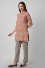 Women's Cotton Short Kurta with Pants - (Orange) - Image 4
