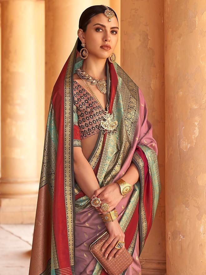 81zCag4GaGL._SY879_ Women's Woven Design Peacock Print Silk Blend Saree with Unstitched Blouse Piece - Image 1