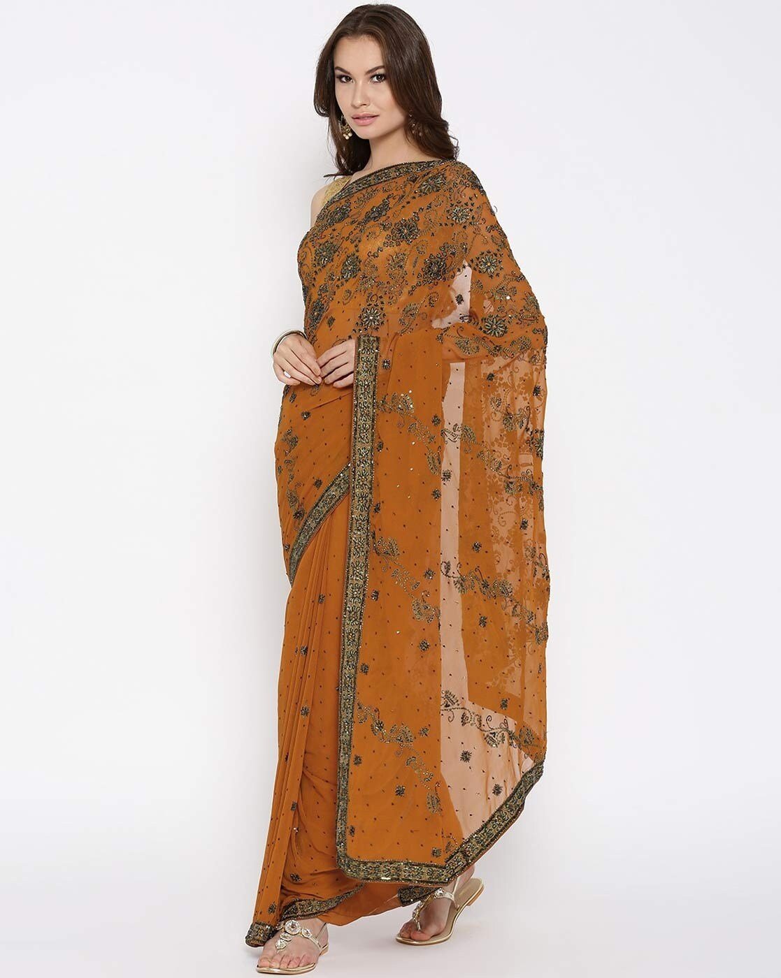 -1117Wx1400H-464595564-brown-MODEL Heavy Work Party Wear Saree with Unstitched Blouse - Image 1