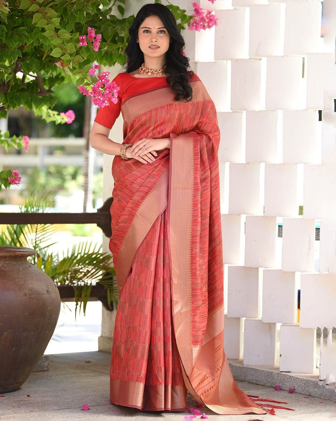 -1117Wx1400H-466569517-red-MODEL Woven Saree with Contrast Border & Tassels - Image 1