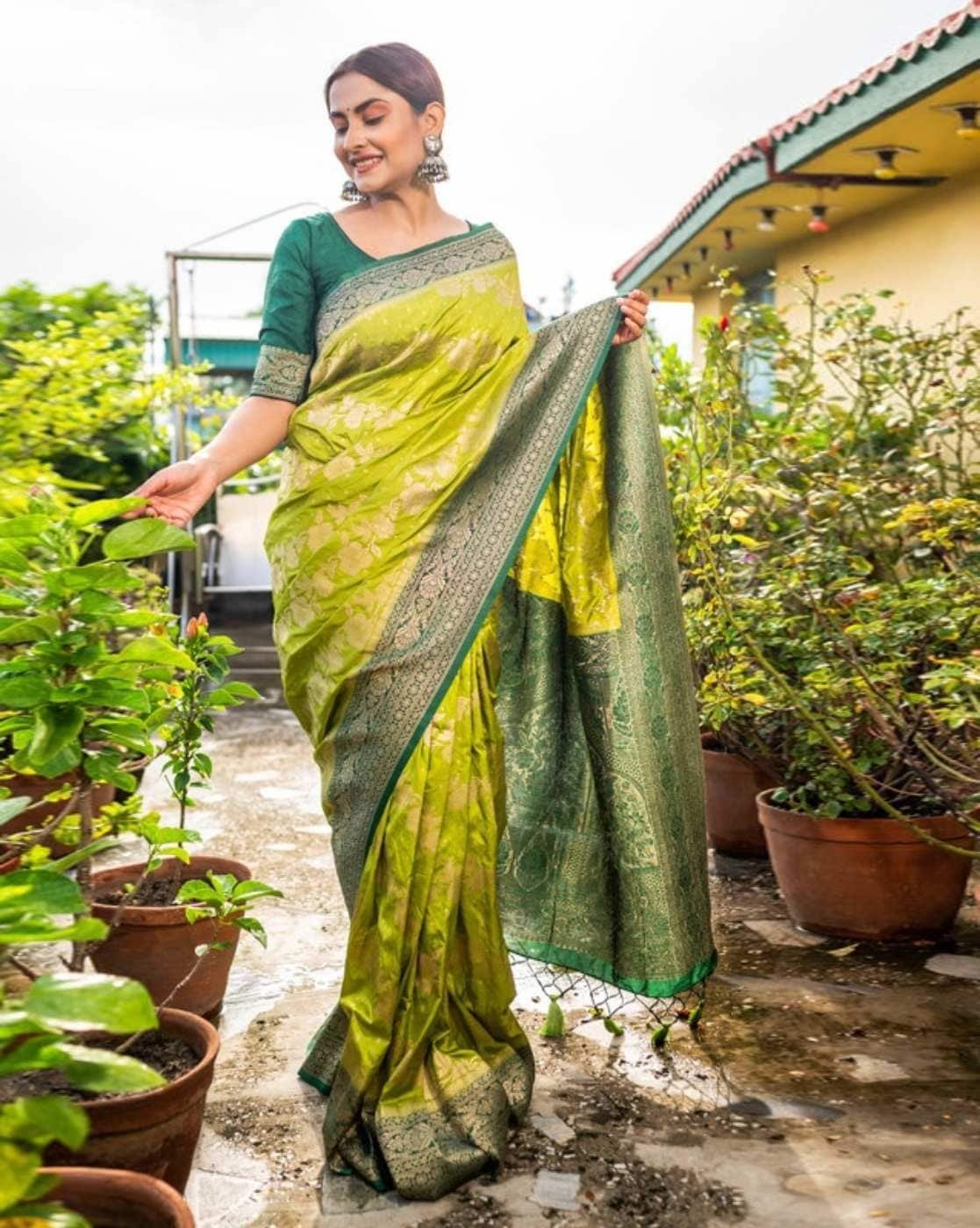 -1117Wx1400H-466765892-green-MODEL Women Floral Woven Saree with Contrast Border - Image 1