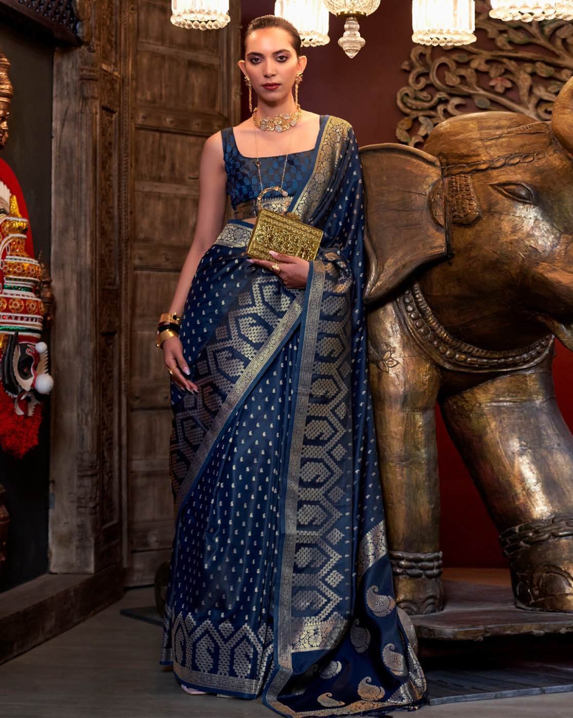 -1117Wx1400H-467335291-navy-MODEL Women Paisley Woven Satin Silk Saree - Image 1