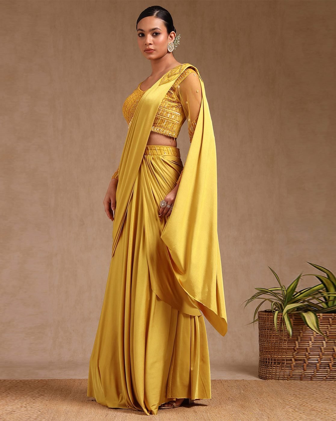 -1117Wx1400H-701481602-yellow-MODEL2 Women Ready To Wear Saree - Image 1